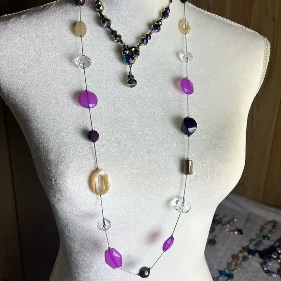 Women’s Multi-Color Beaded Necklace Set — Purple, Turquoise, Cream, Gold Accents - Picture 2 of 11